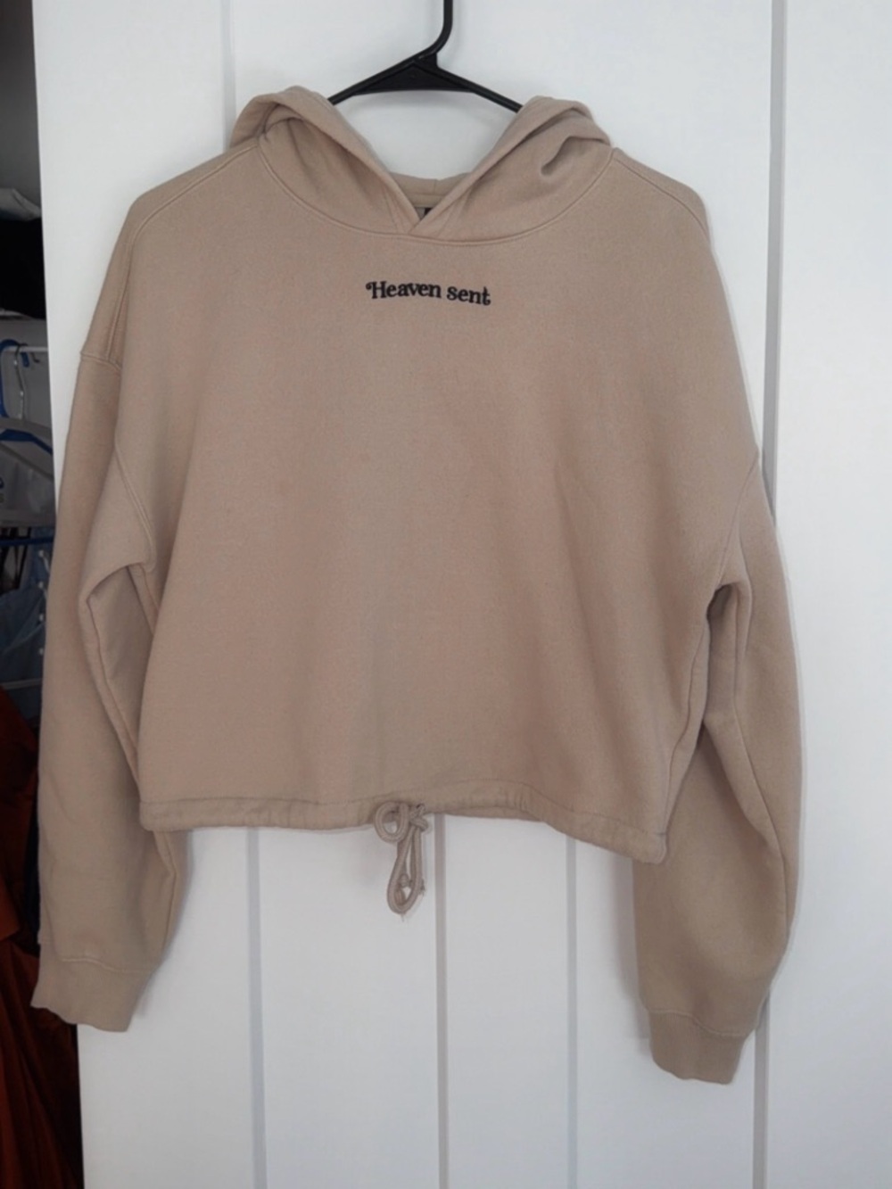 H&M Beige Cropped Hoodie with 'Heaven sent' Embroidery